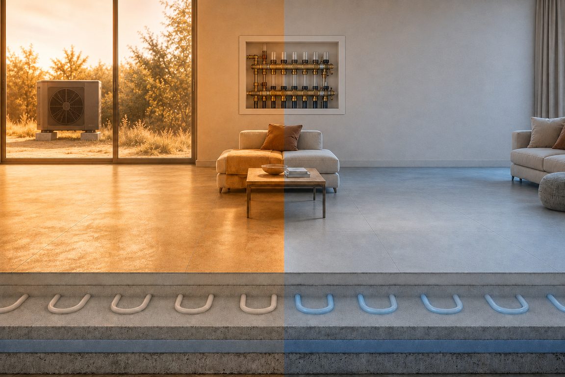 Coupe d'un séjour équipé d'un plancher chauffant à eau. À gauche, sans rafraîchissement : le sol est à 27,3 °C et les tubes sont ternes. À droite, avec ElsassPac : le sol est à 21,3 °C et les tubes sont parcourus d'eau fraîche. Sous le carrelage on distingue la chape, les tubes, l'isolant et la dalle béton.